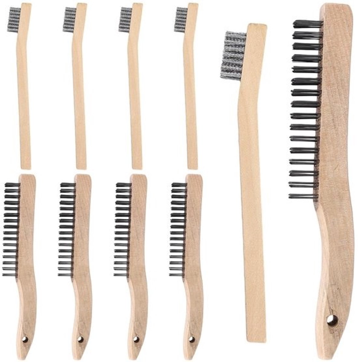 Set van 10 Draadborstels met Houten Handvat - Stalen en RVS Borstels voor Grillreiniging en Lassen