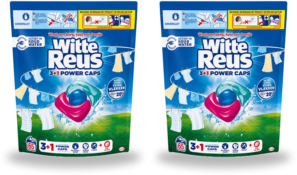 2 x Witte Reus - 3+1 Power Caps - Witte Was - 65 Wasbeurten - Voordeelverpakking - 2 stuks