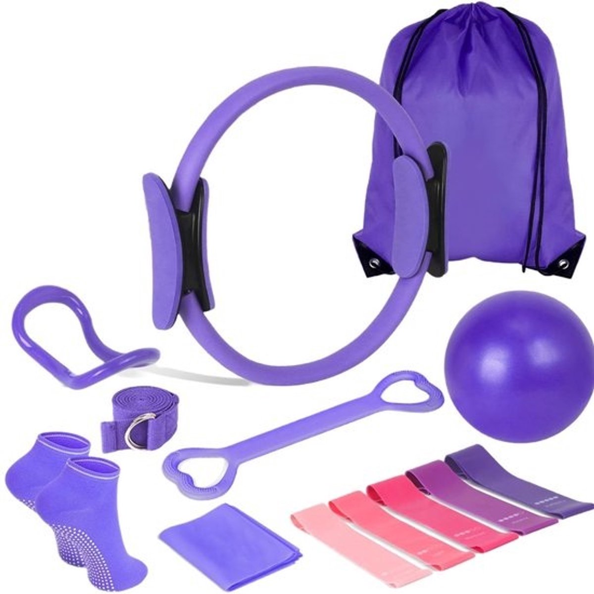 Pilatesringenset - Yoga-set - Thuis sporten - 13-delige kit - Ring van 38 cm - Paars