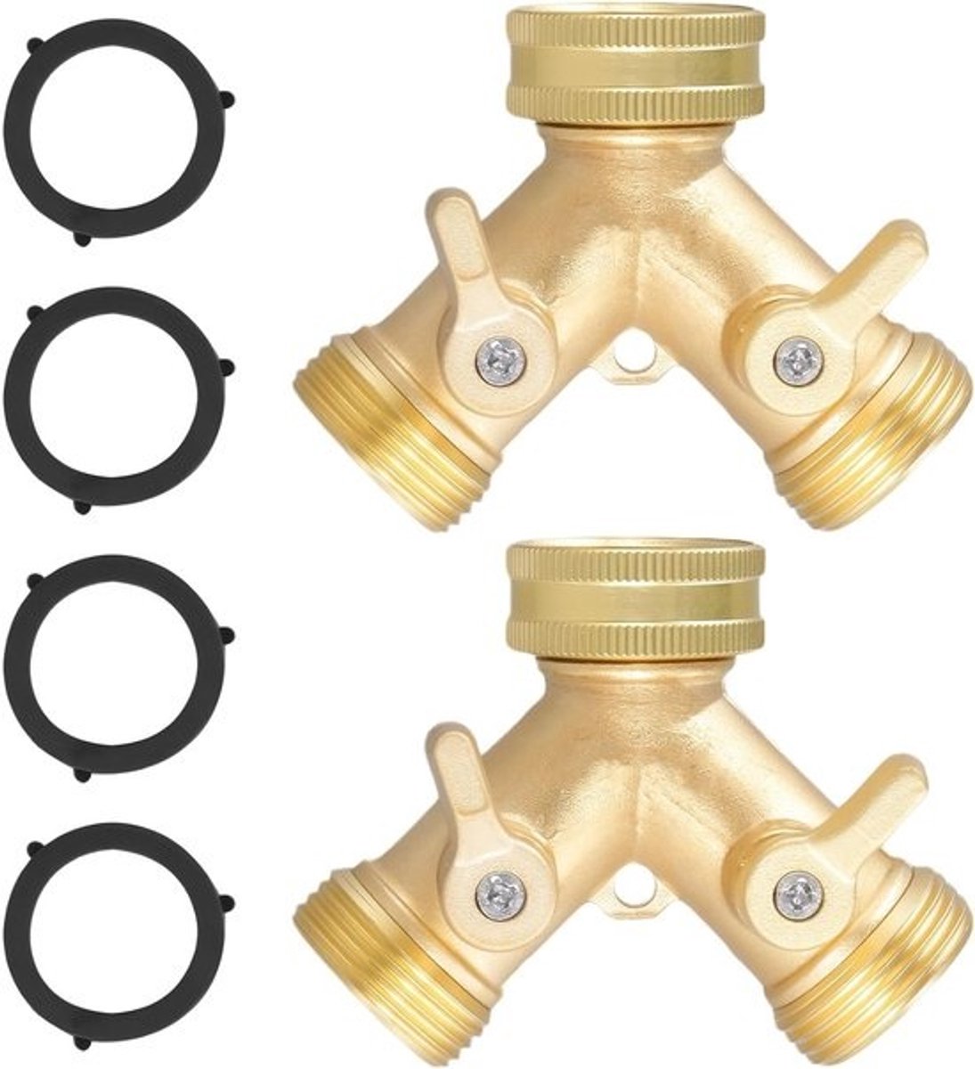 2-weg messing tuinslangsplitter met individuele aan/uit, 3/4" Y-ventielslangconnector voor buitengebruik, ideaal voor tuin en keuken, dubbele slangaansluiting
