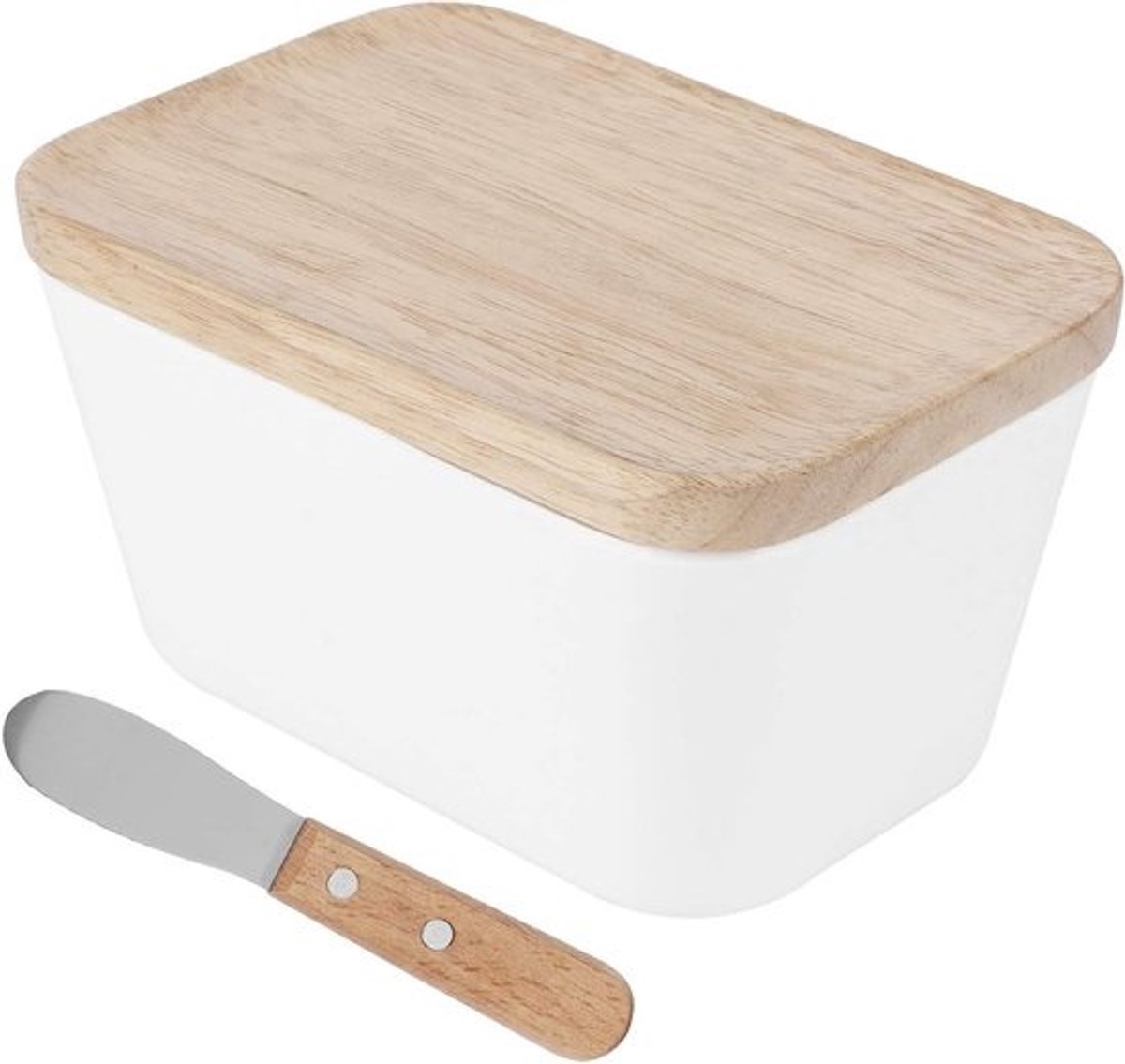 Duurzame multifunctionele melamine botervloot met beukenhouten deksel en botermes - 250 ml voor 250 g boter - Wit