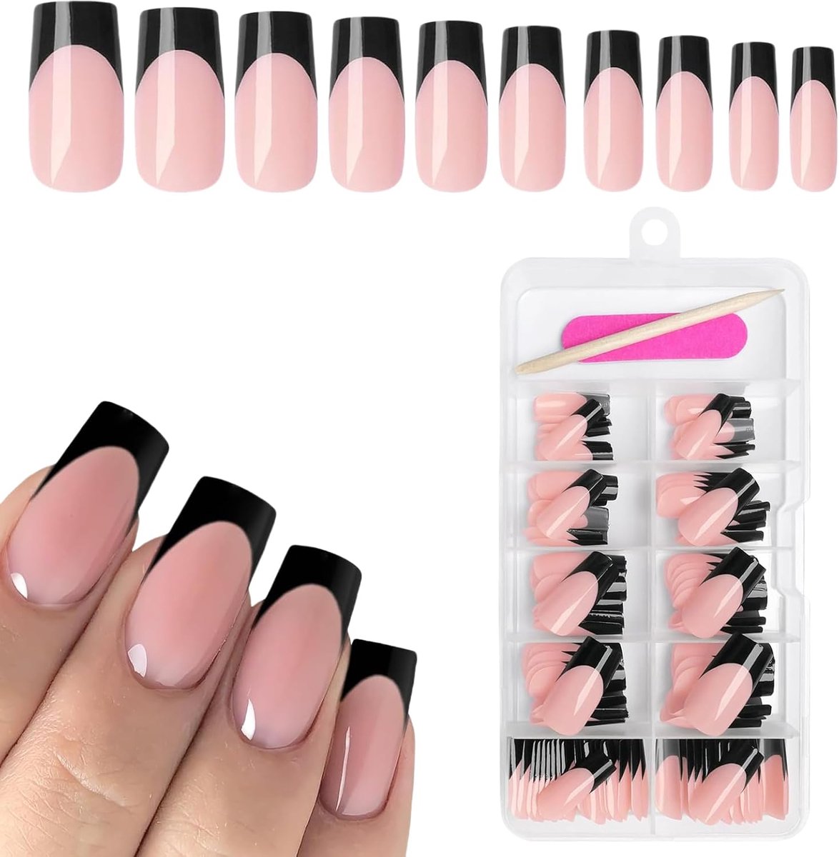 120 stuks zwarte Franse Press-on nagels, vierkante kunstnagels, Franse punten, nagelpers, lange gelnagels, glanzend, sobere nagels