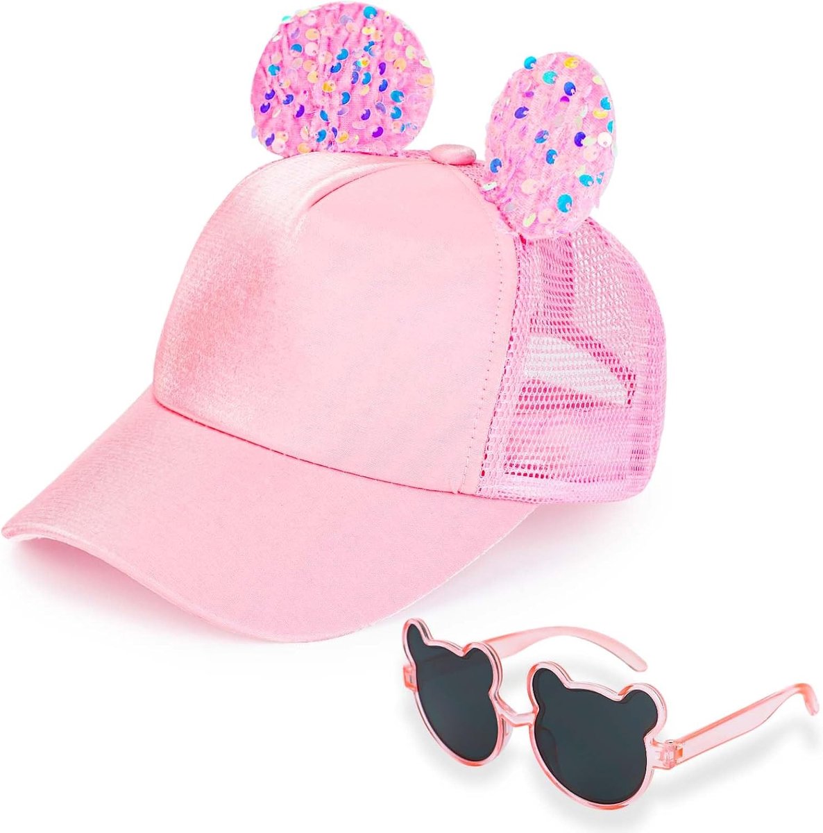 Honkbalpet voor meisjes, cartoon baseballpet met 3D-konijnenoren, muizenoren, grote strik, verstelbare snapback-pet, zomer, baseballpet met ademende mesh zonnehoed voor meisjes