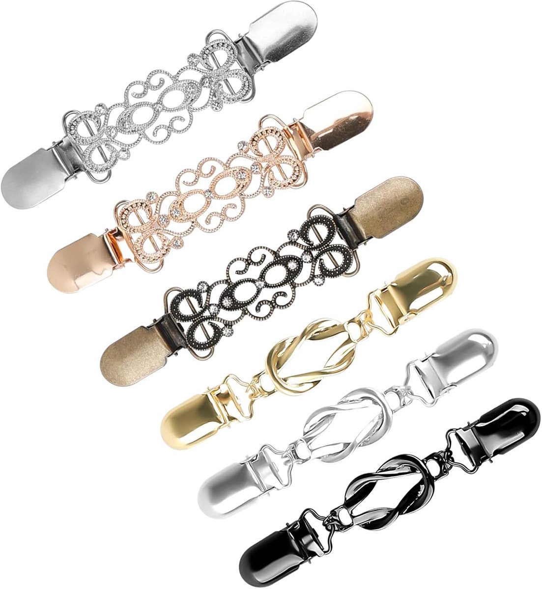 6 stuks vintage cinch-clips, zinklegering, cardiganclips, voor kleding, vesten, overhemden, jassen, doeken (goud zilver brons)
