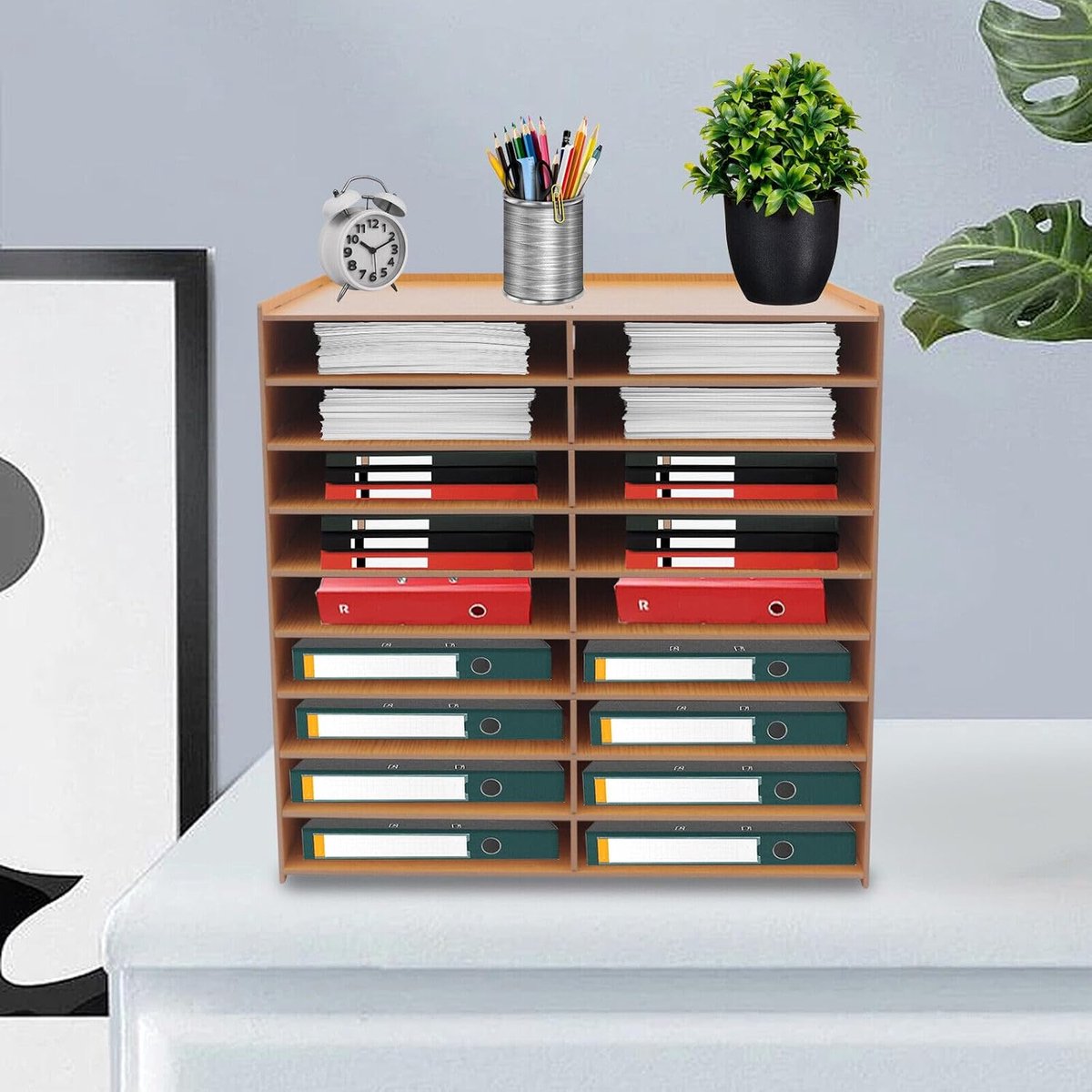 Houten ladebox met 9 opbergvakken, houten bureau-bestandsorganizer voor kantoor, werkkamer, school, kantoor, 51,8 x 49 cm