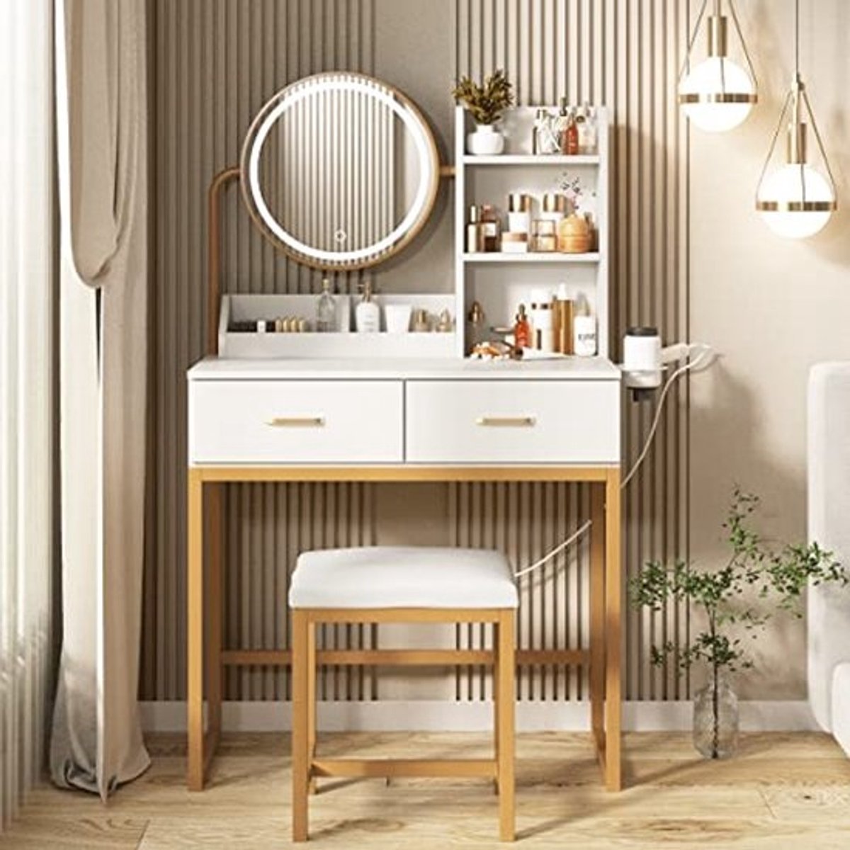Make-up kaptafel met ronde spiegel en verlichting - Kleine make-uptafel met opslag voor slaapkamer