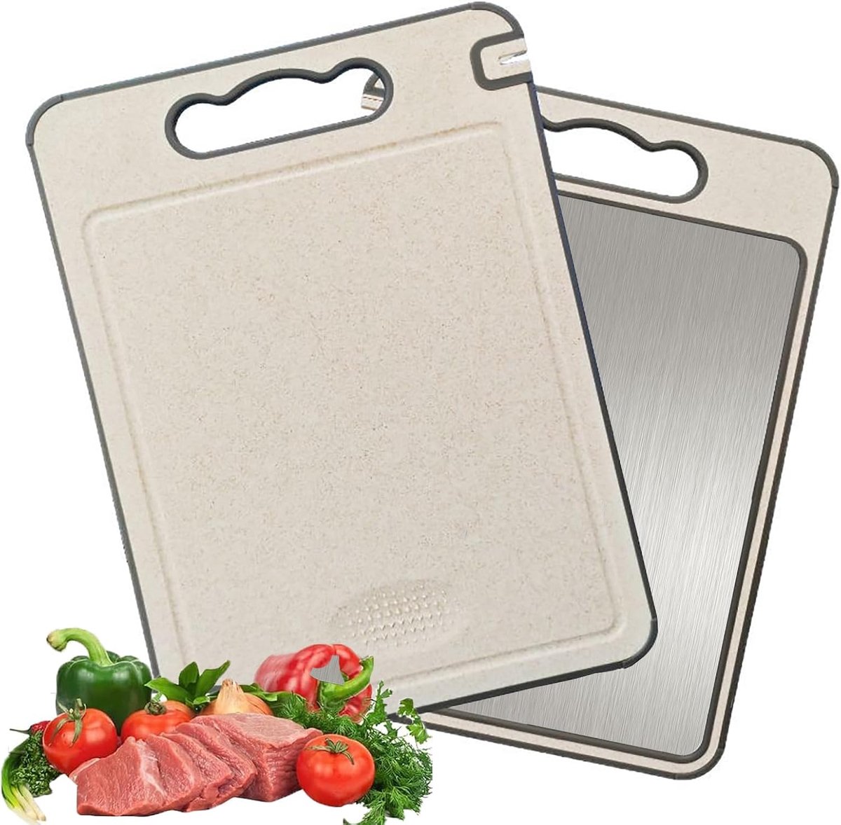 Snijplank van roestvrij staal, dubbelzijdig snijplank voor de keuken, snijplanken van roestvrij staal 304 en PP tarwestro, gemakkelijk te reinigen