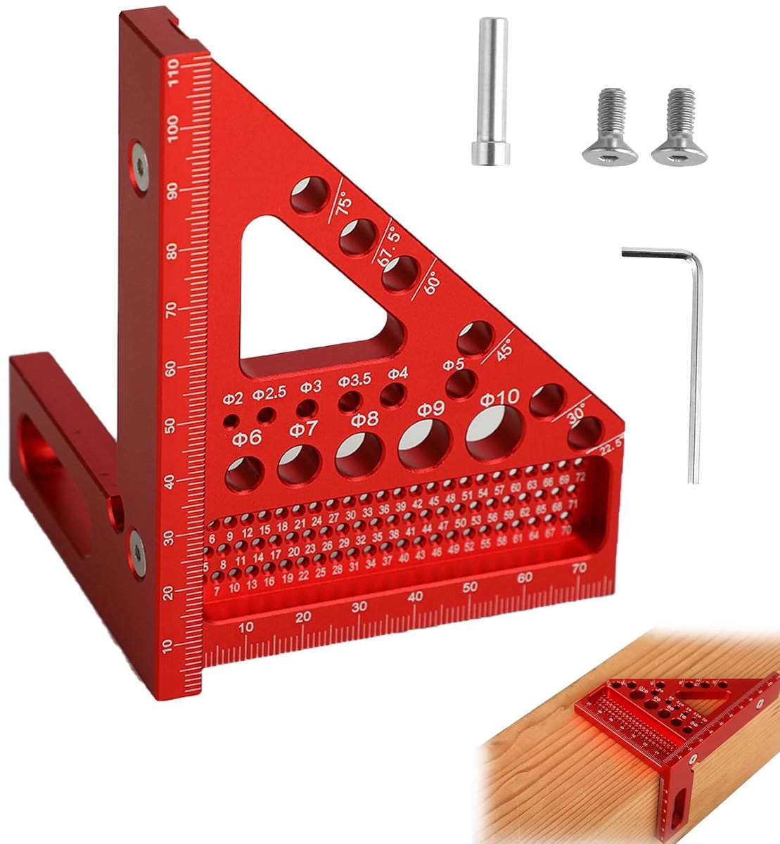 3D-timmerman met afschuining, hoek 22,5-90 graden, nauwkeurig timmermansgereedschap van aluminium, met positioneringsfunctie voor boren, 3-in-1: routeren/boren/meten (rood)