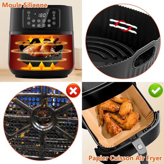 Accessoires luchtfriteuse - voor Moulinex 6,5 l, Princess 6,5 l, Cosori 5,5 l, Philips Airfryer serie 2000 6,2 l (NA230/00), pizzalade, grill, siliconen vorm, bakpapier, BPA-vrij — afbeelding 2
