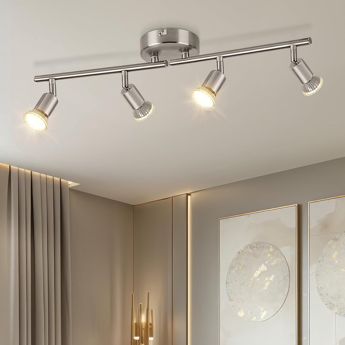Plafondlamp, draaibaar, nikkel, mat, 4-weg, GU10, led, led-bereik, 350 graden, modern, verstelbaar, voor keuken, woonkamer, geen lampen