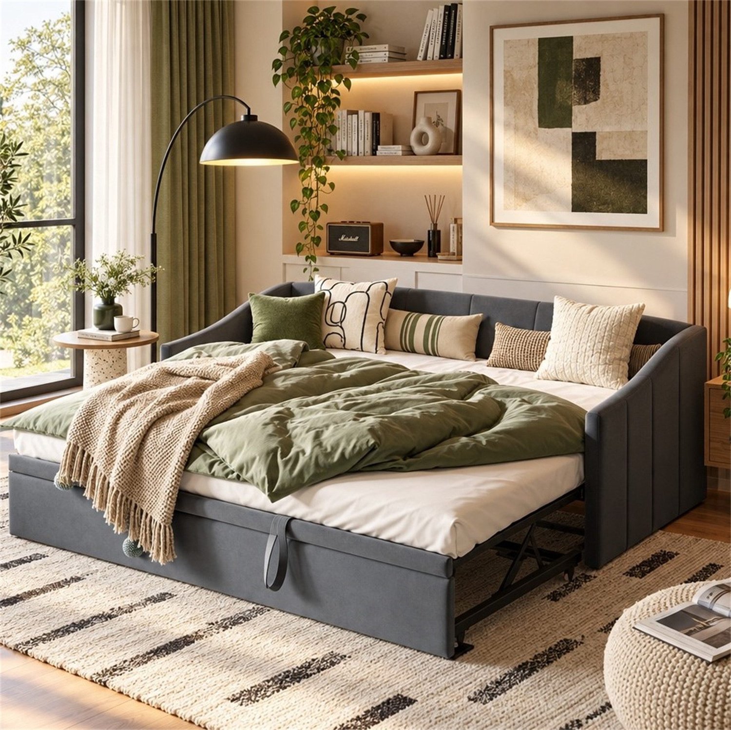 Mofor Bedbank 90x200/180x200 cm - uitschuifbed en slaapbank - fluwelen bekleding - grijs