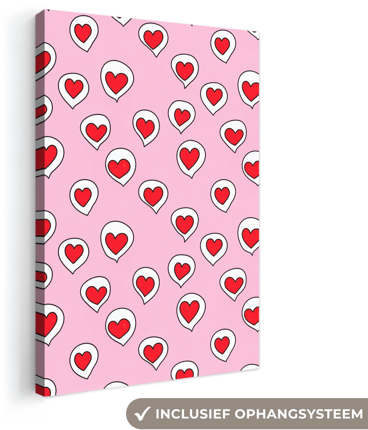 Canvas schilderij 20x30 cm - Exclusieve wanddecoratie Hartjes - Patroon - Rood - Muurdecoratie woonkamer - Slaapkamer decoratie - Kamer accessoires - Schilderijen op canvas