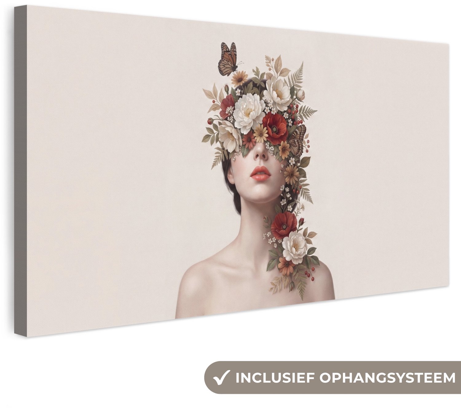 Canvas schilderij 80x40 cm - Exclusieve wanddecoratie Portret - Bloemen - Cremé - Muurdecoratie woonkamer - Slaapkamer decoratie - Kamer accessoires - Schilderijen op canvas