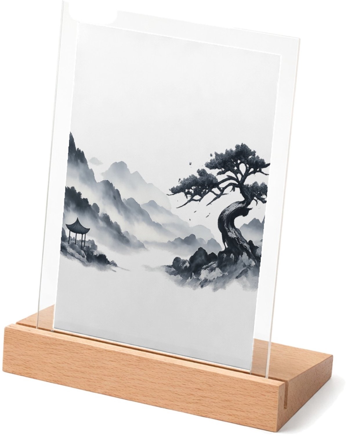 Mr Cadeautjes Glasframe met vaste tekst - design Elegante bospaadjes in mist met een enkele kromme den als bl | cadeau Wit