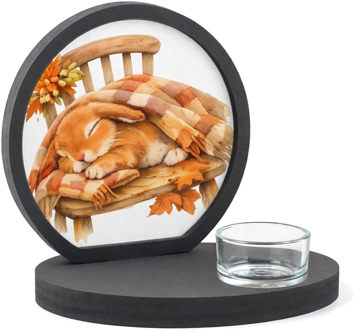 Mr Cadeautjes MDF inleg theelichthouder ~8 cm - design Een uitgestrekte konijnendut onder een plaid op een houten s | cadeau Wit