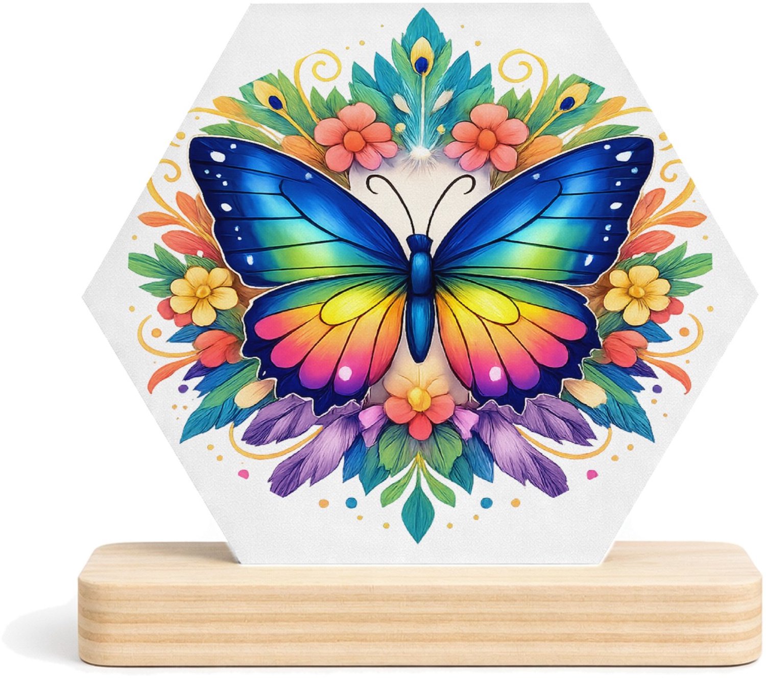 Mr Cadeautjes MDF fotolijst/inleg hexagon 14 x 13 - design Een trotse vlinder in een cirkel van grote, decoratieve vleu | cadeau Wit