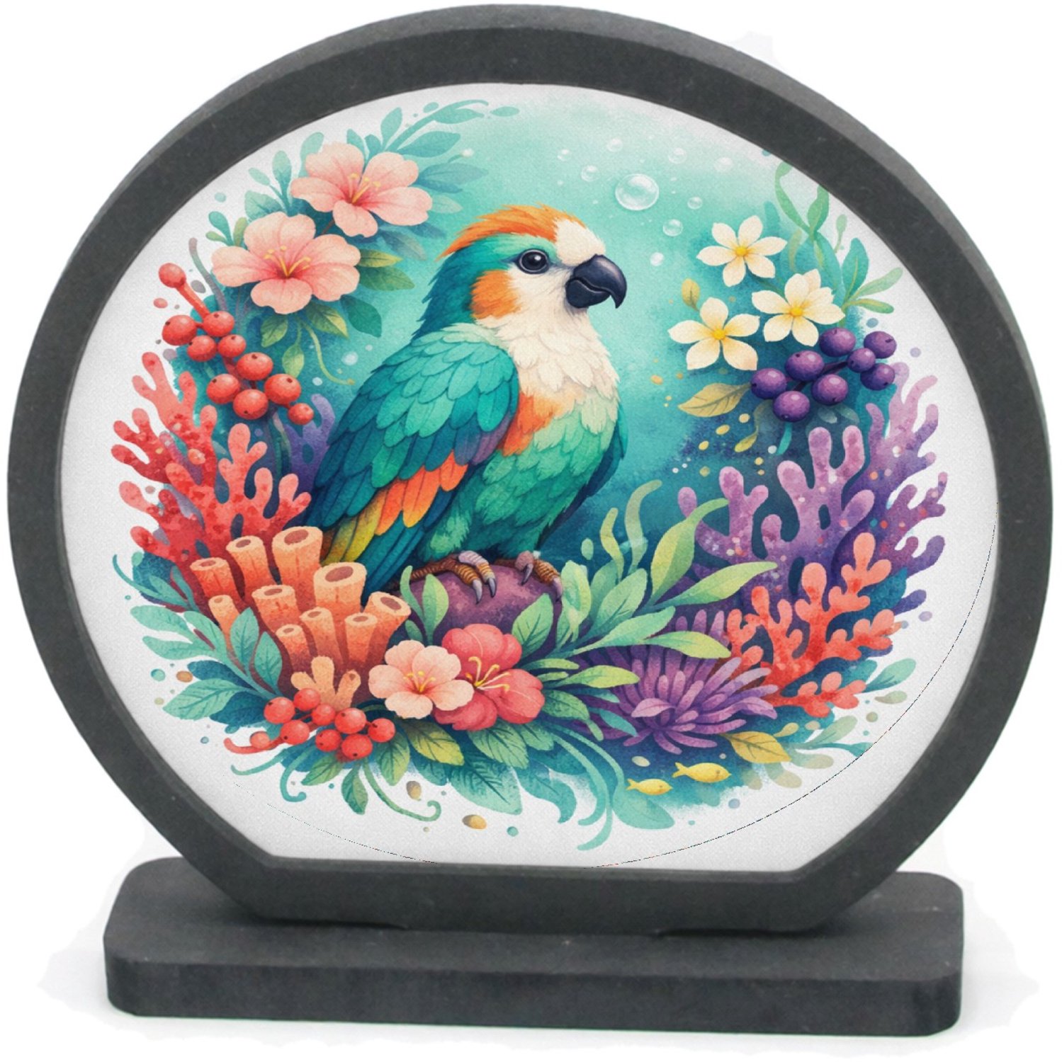 Mr Cadeautjes Houten fotolijst rond met MDF inleg - design Een tropische vogel in een weelderige bloemenzee met bladere | cadeau Wit