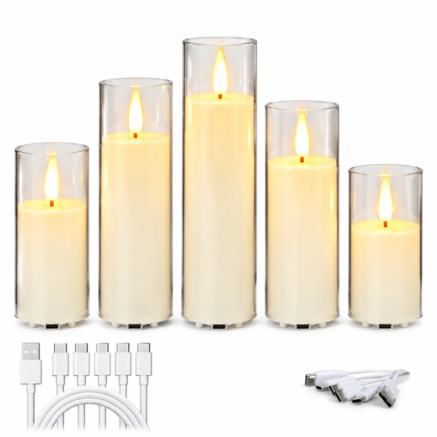 SWGOTA elektronische kaarsen, oplaadbare set van 5, diameter 5,5 cm, hoogtes 10/12,5/15/17,5/20 cm, warm licht, transparante cilindervormige kappen en USB-laadkabel Wit