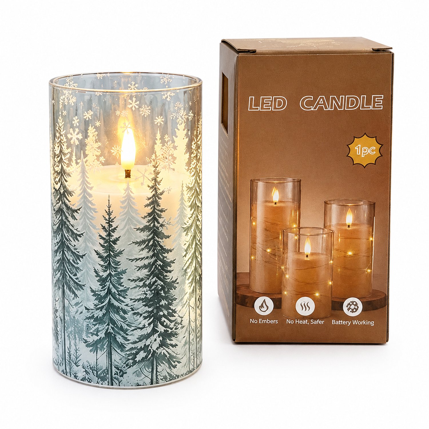 SWGOTA led kaarsen met cedermotief - 1 stuk, 7,5 x 15 cm, warm licht, voor feestdecoratie binnenshuis, op batterijen, in doos, zonder batterijen Meerkleurig