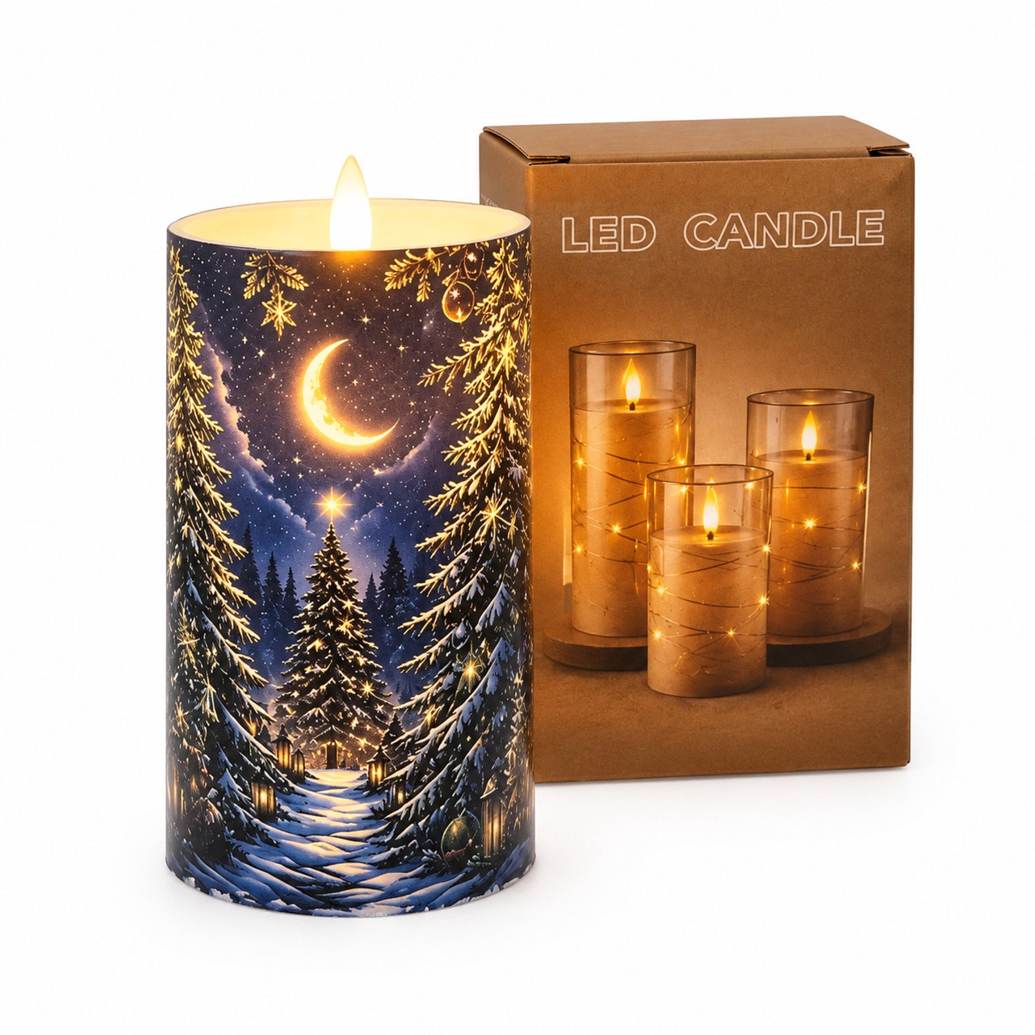 SWGOTA led kaarsen - 1 stuk met kerstbosmotief, warm licht, 7,5 x 12,5 cm, kunststof kaarsvorm, in doos, zonder batterijen Bruin