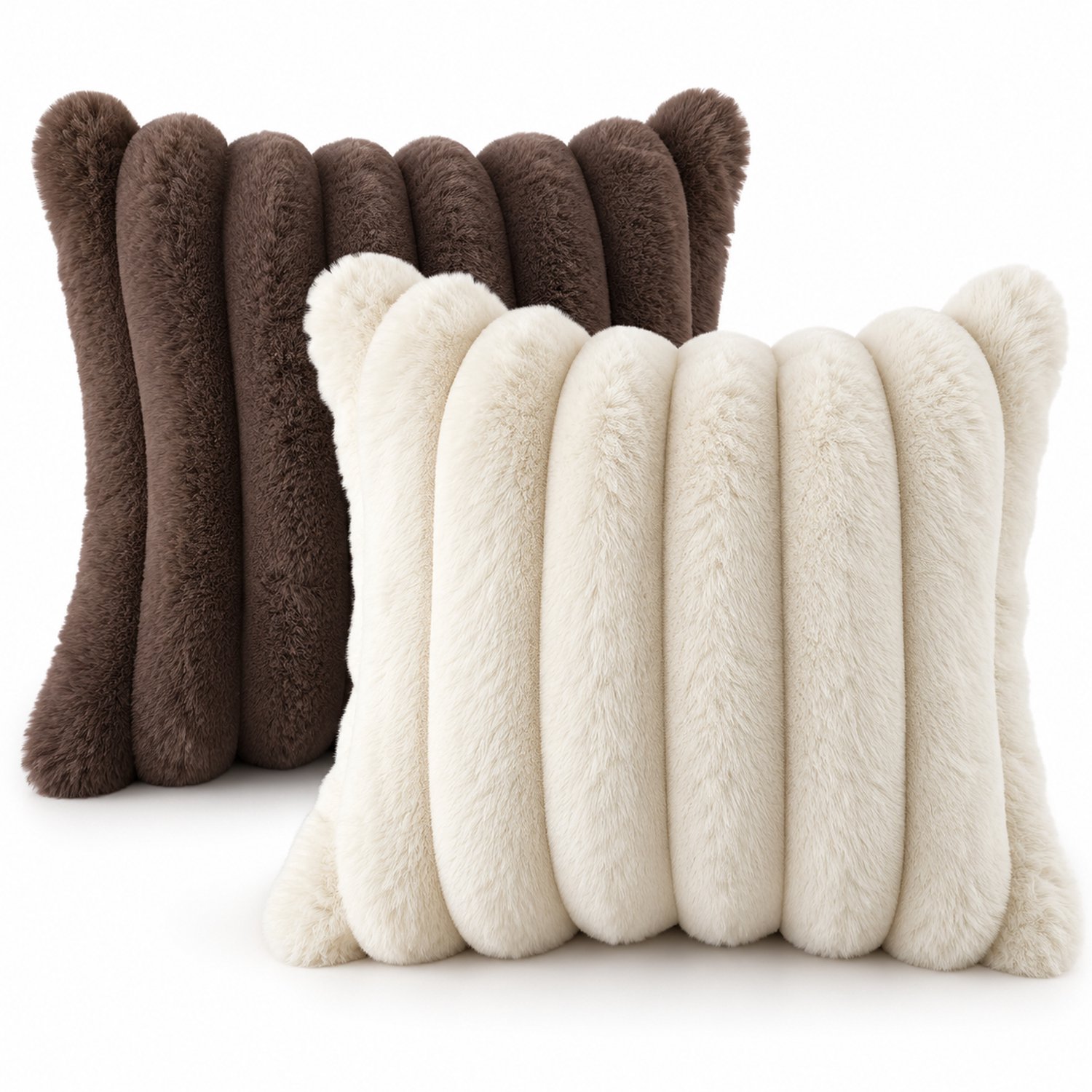 Namajunas Sierkussenhoezen Set van 2 – 40x40 cm – Superzachte Kussenhoezen met Ribstructuur – Beige en Koffiebruin – Zonder Binnenkussens