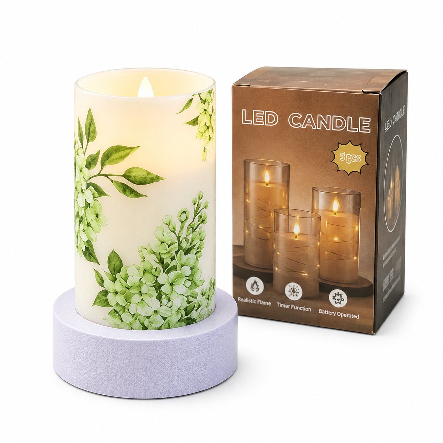 SWGOTA led kaarsen in landelijke stijl - bloemenprint, 7.5 x 12.5 cm, warm licht, vlamloos, kunststof, batterijen niet inbegrepen Wit