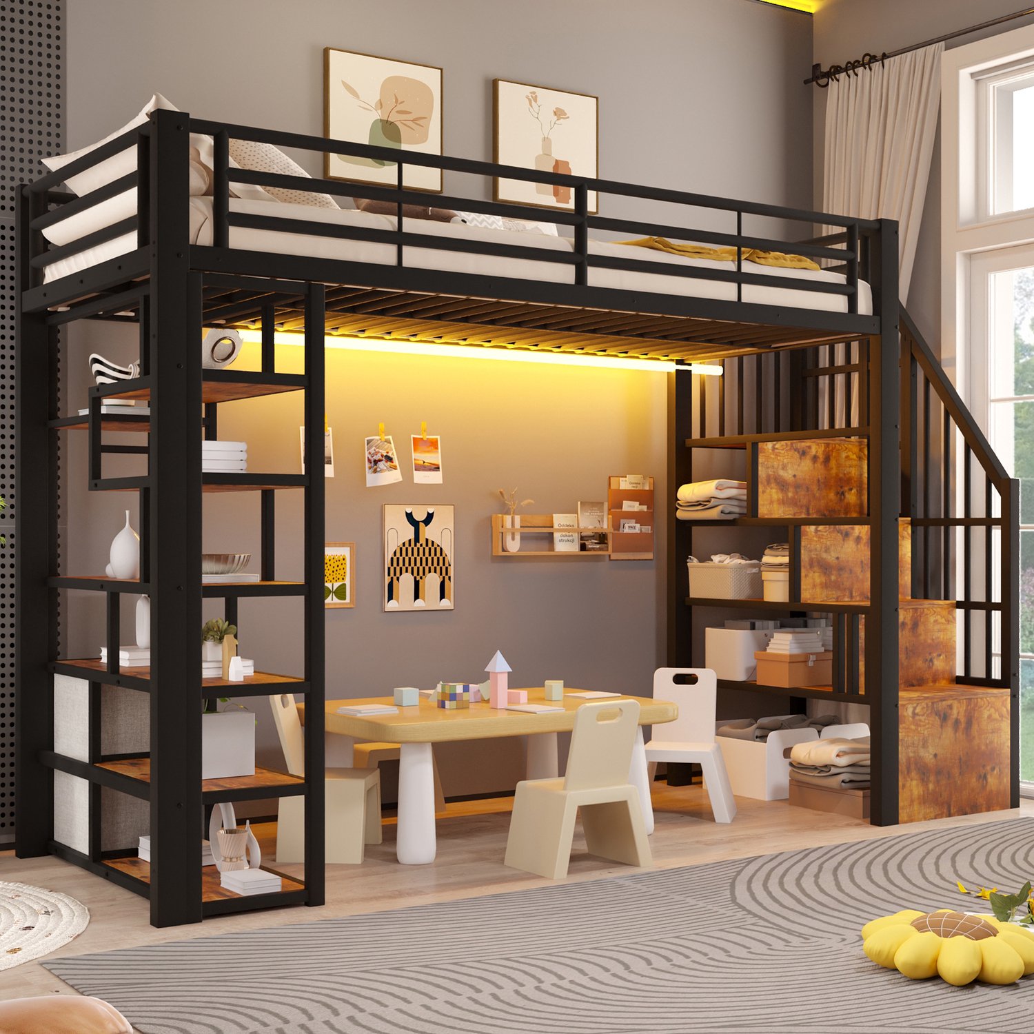 MIVRAY Hoogslaper 90x200cm - Kinderbed met Trap zonder Matras - Opbergruimte en Uitvalbeveiliging - Ledlicht voor Kinderkamer - Metaal en MDF - Zwart