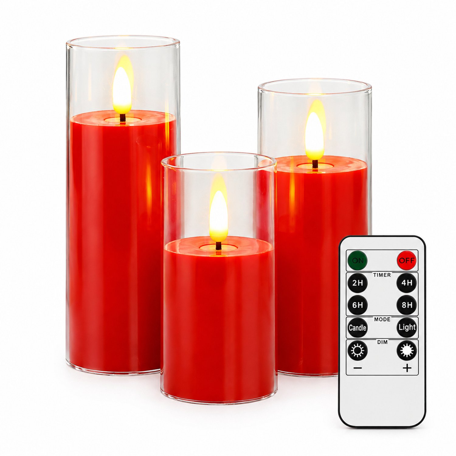 SWGOTA led kaarsen, rode set van 3 met afstandsbediening, warme vlamvormige verlichting en transparante kap, diameter 5,5 cm, hoogtes 10/12,5/15 cm Rood