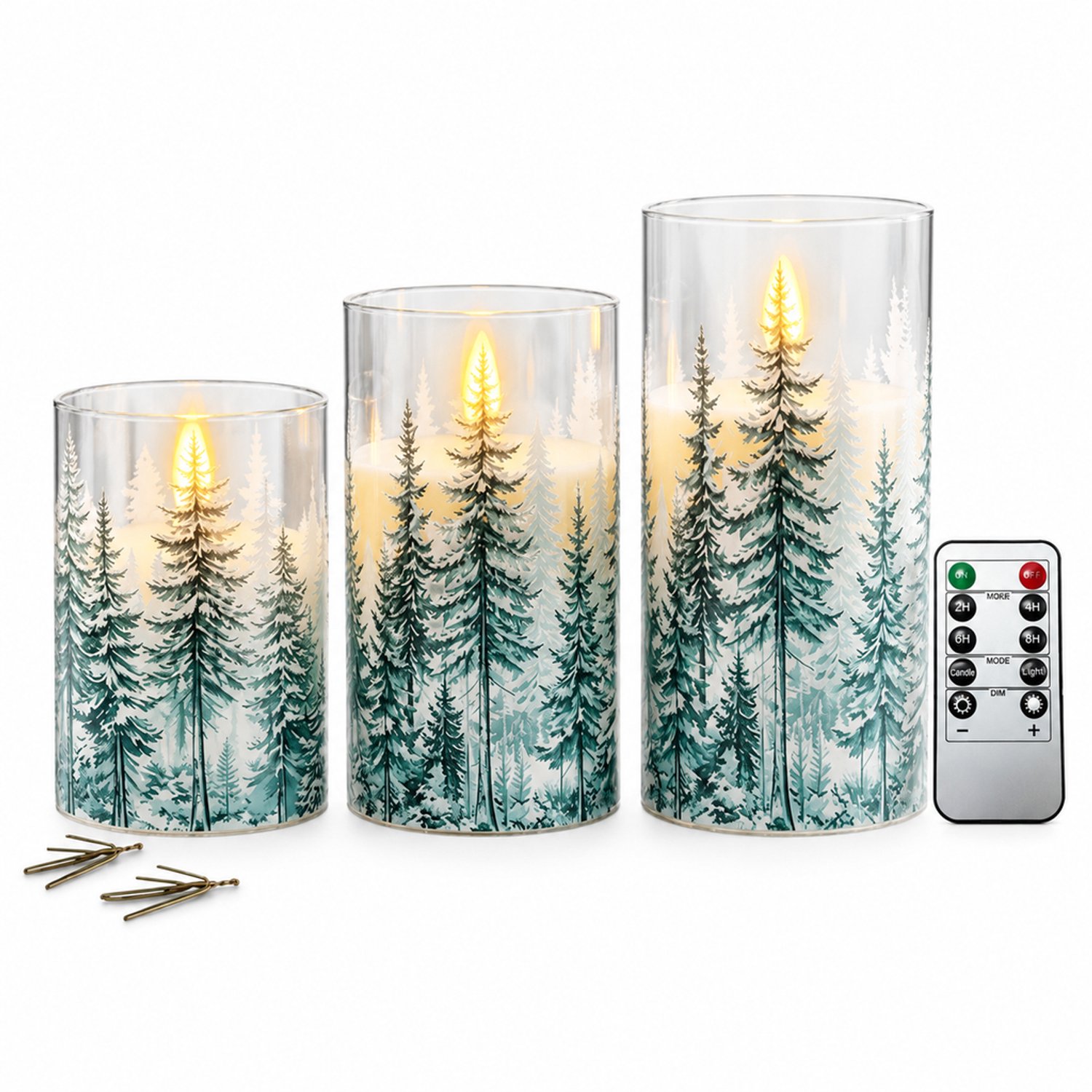 SWGOTA led kaarsen, set van 3 met afstandsbediening - Warm licht, bosmotief en verschillende hoogtes, zonder batterijen Meerkleurig