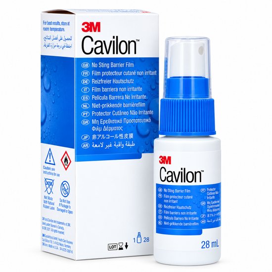 3M Cavilon niet-prikkende barrièrefilm spray (28ml) in witte fles met blauwe dop en bijbehorende verpakking.