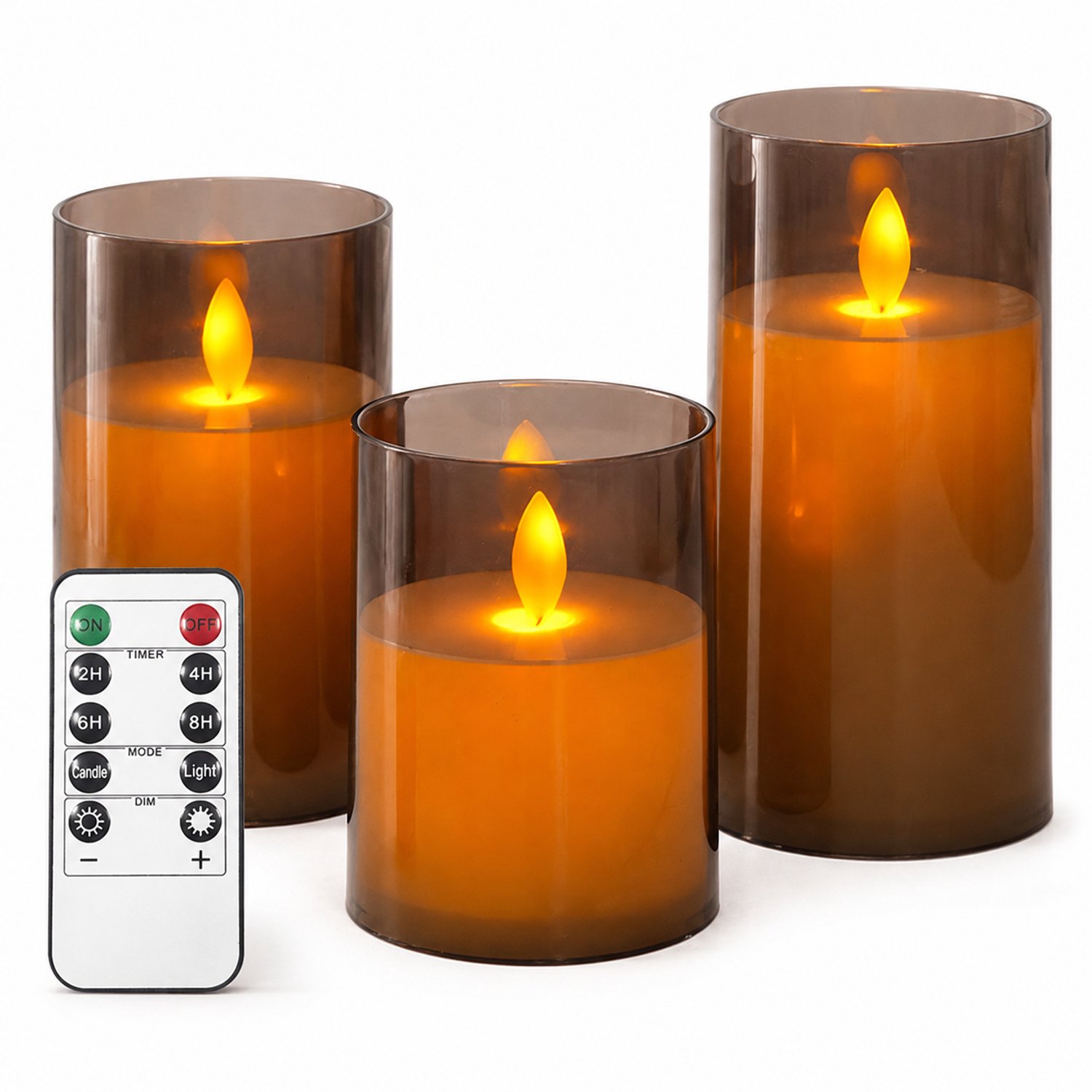 SWGOTA led kaarsen, set van 3, grijs met bewegende vlam en afstandsbediening, diameter 7,5 cm, hoogtes 10/12,5/15 cm, voor bruiloften en feestdecoratie