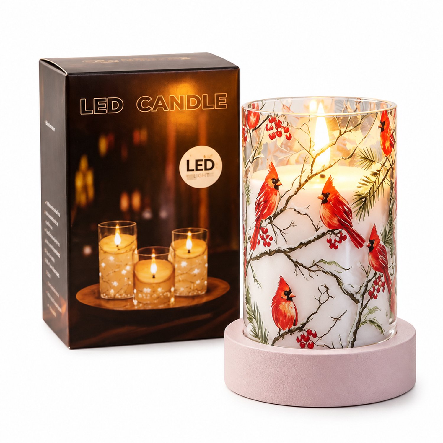 SWGOTA led kaarsen - 1 stuk, 7,5 x 12,5 cm, cilindervorm met rode vogels, warm licht en vlameffect, batterijvoeding, batterijen niet inbegrepen Wit