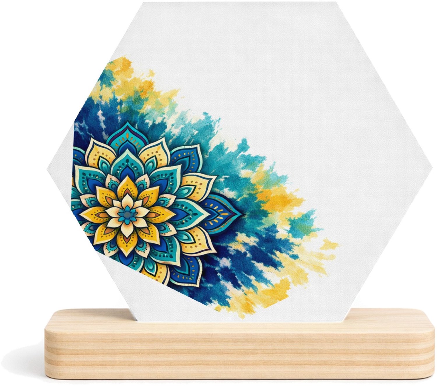 Mr Cadeautjes MDF fotolijst/inleg hexagon 14 x 13 - design Een grote, centrale zonnebloemmandala op een zachte aquarelw | cadeau Wit