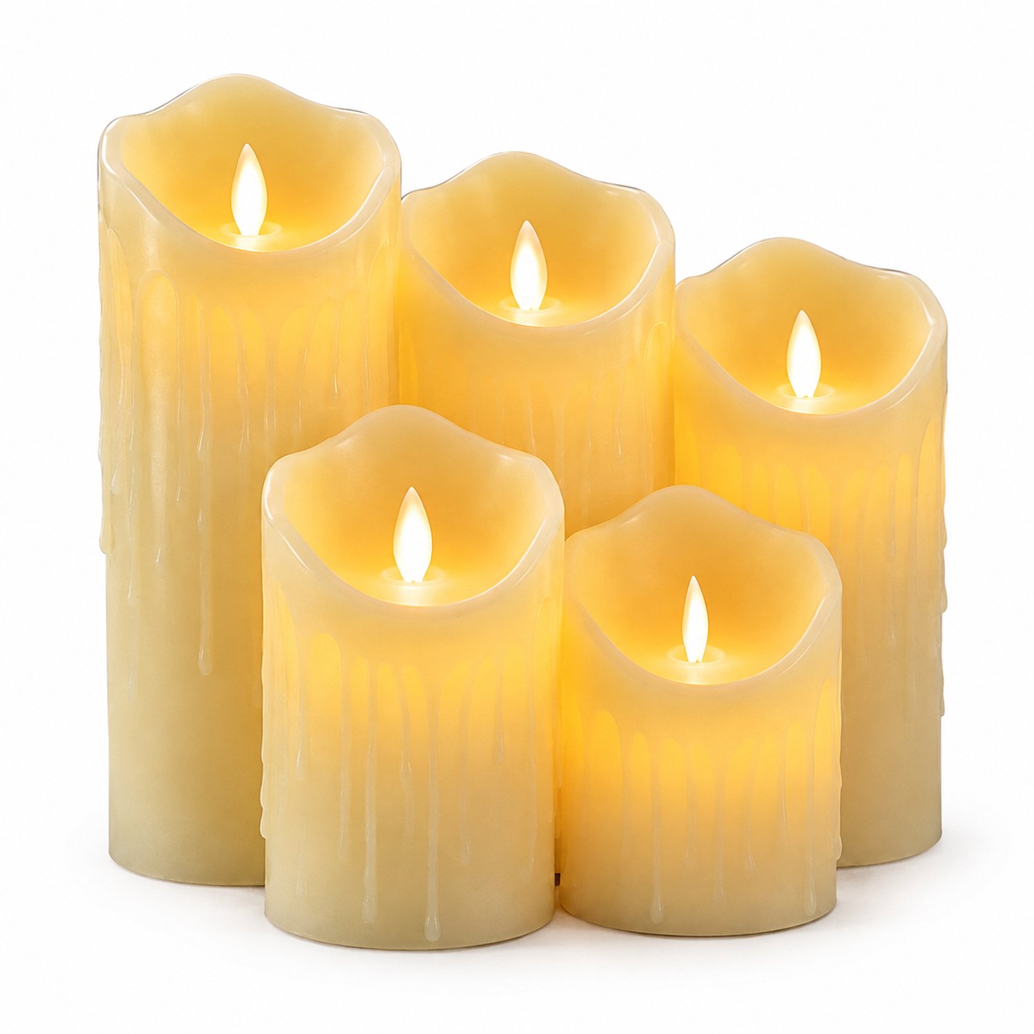 SWGOTA led kaarsen set van 5 - warm licht, schuine bovenrand en druppelvorm - diameter 7,5 cm, hoogtes 10/12,5/15/17,5/20 cm Ivoorwit