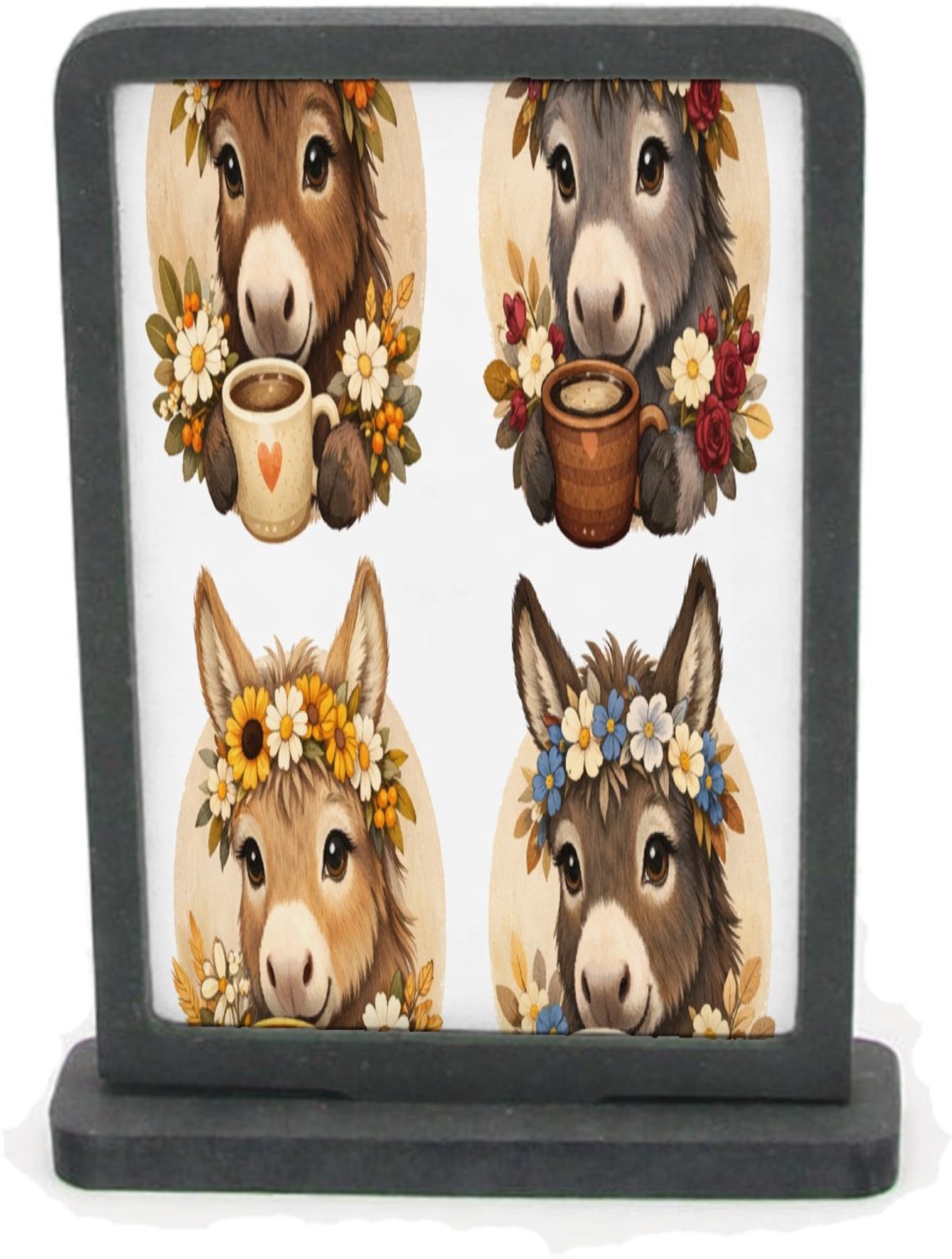 Mr Cadeautjes Houten fotolijst rechthoek met MDF inleg - design Een serie ezelportretten met boeketjes en een warme drank in | cadeau Wit