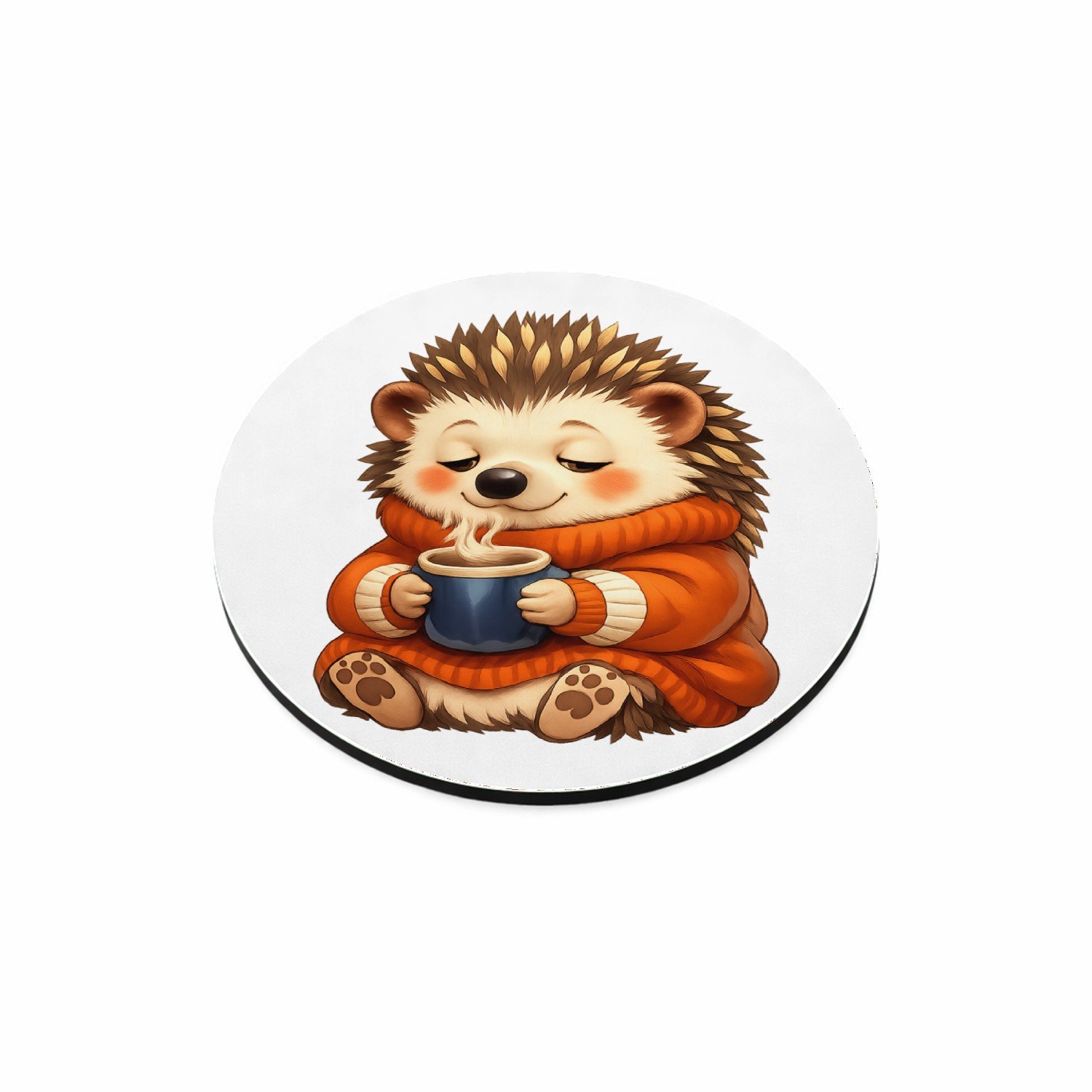 Mr Cadeautjes MDF magnetische fotolijst rond Ø 9,5 - design Een slaperige egel in een oversized trui met een warme drank | cadeau Wit
