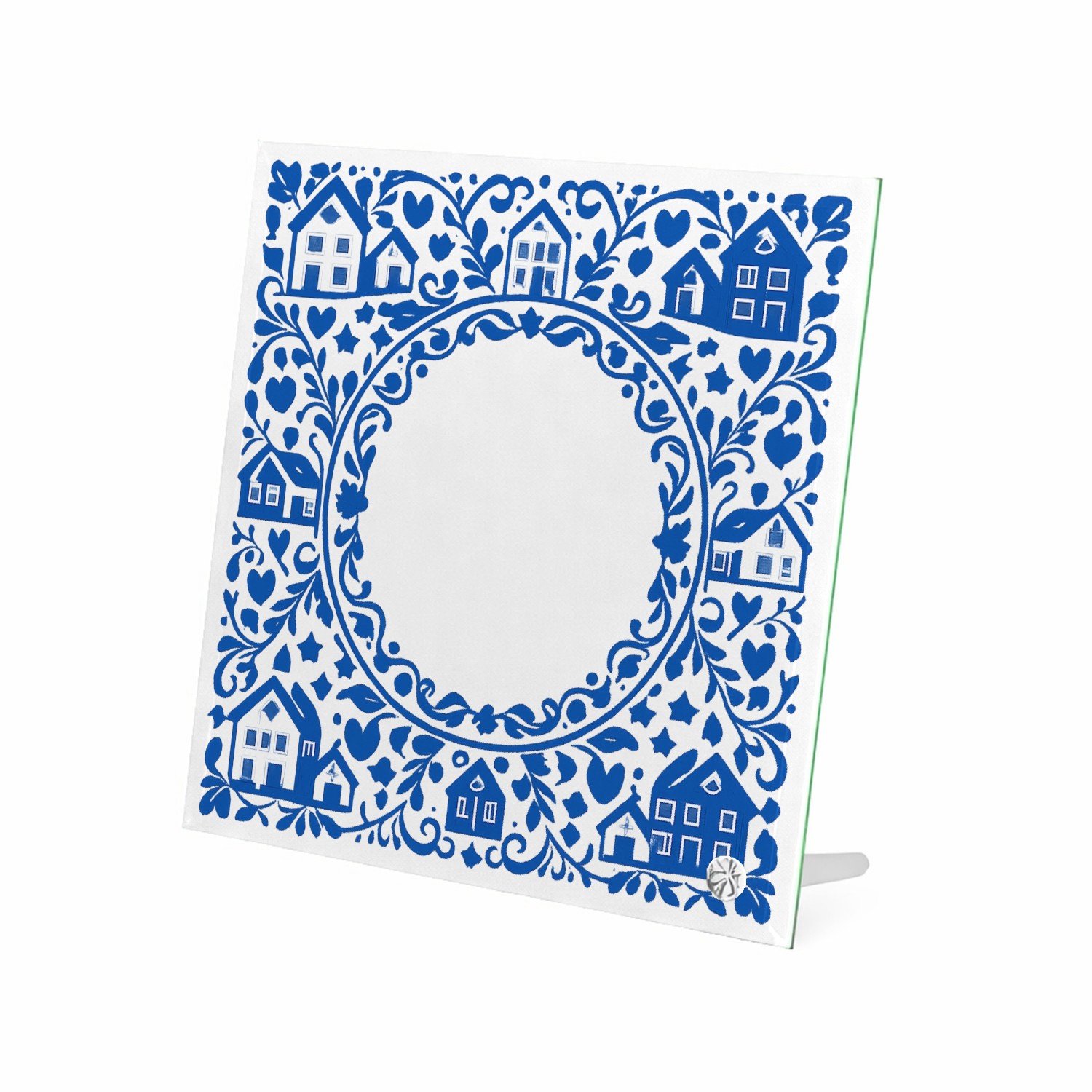 Mr Cadeautjes Glasframe 20 x 20 - design Een klassieke blauw-witte rand met huiselijke symbolen en ee | cadeau