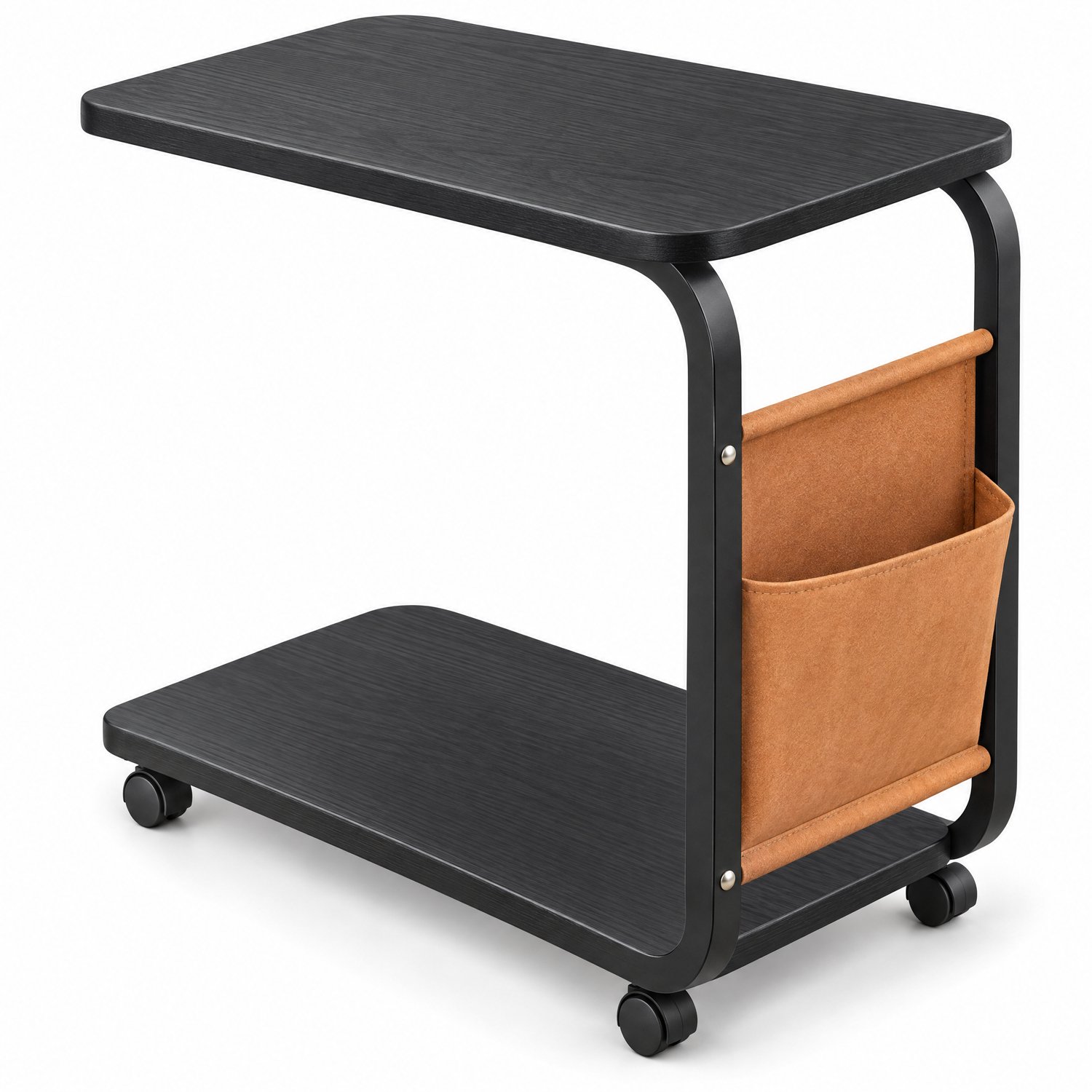 Levano Bijzettafel - Sidetable Zwart - Bijzettafeltjes Woonkamer - Laptoptafel op Wielen - Bedtafel Verrijdbaar - Banktafel Zwart - Laptoptafeltje voor Bank - Sofa Tafel - Tafel voor Bed - Tafeltje met Wieltjes - Tafeltje met Opbergruimte