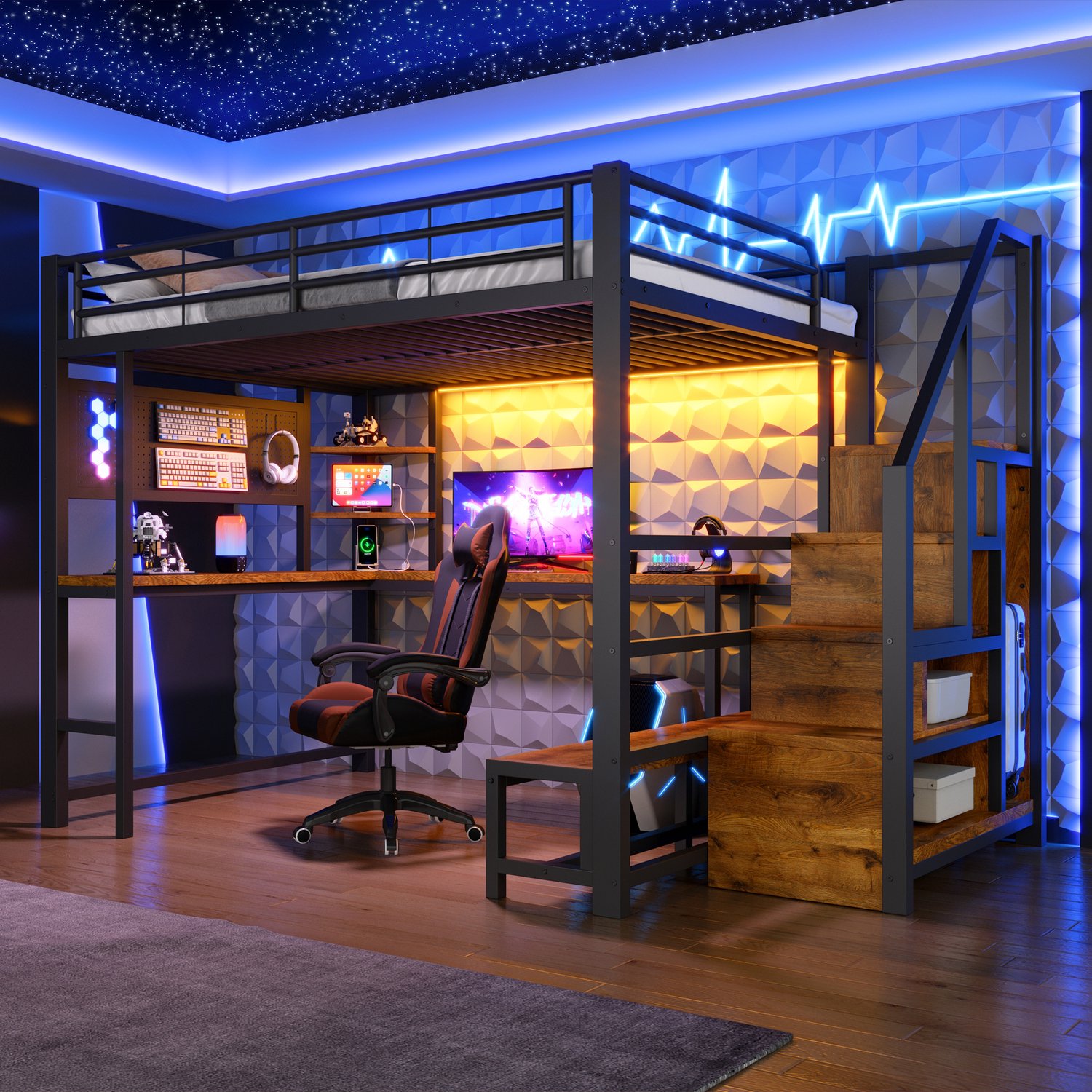 Zubaliya Hoogslaper, 140 x 200 cm, bureau, USB- en USB-C-aansluiting, plank met gaten, schappen, ladekast, LED-verlichting, matras niet inbegrepen, zwart