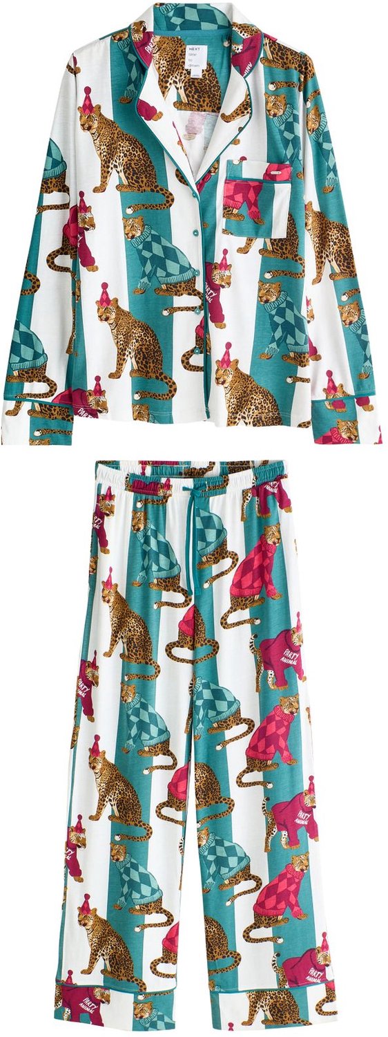 Next Dames - Pyjama met lange mouwen en knopen - Wit Leopard Stripe