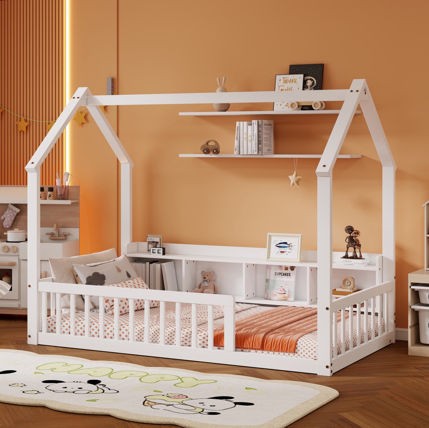 MODFU Kinderbed - Huisvorm - Veiligheidshekken - Vier Opbergvakken - Wit - 90x200 Cm