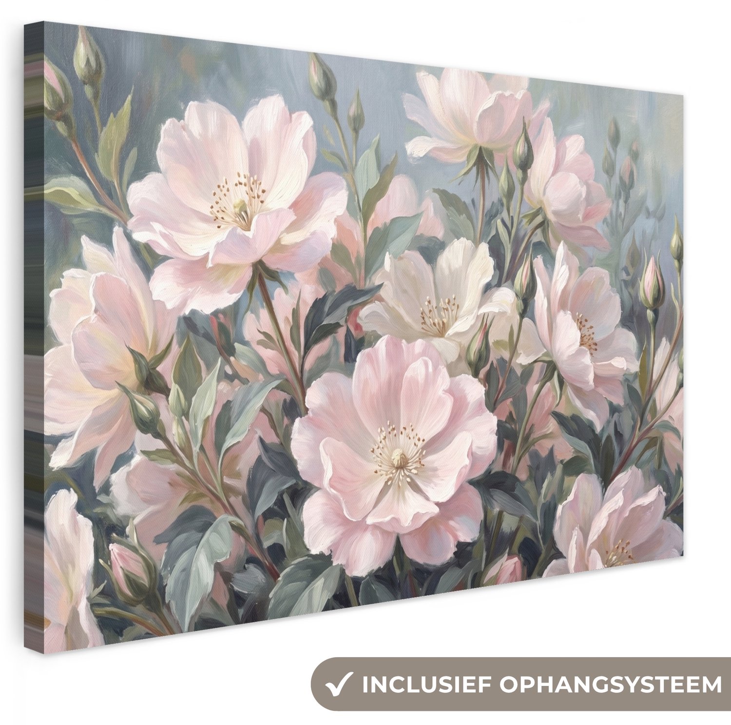 Canvas schilderij 60x40 cm - Exclusieve wanddecoratie Rozen - Illustratie - Roze - Muurdecoratie woonkamer - Slaapkamer decoratie - Kamer accessoires - Schilderijen op canvas