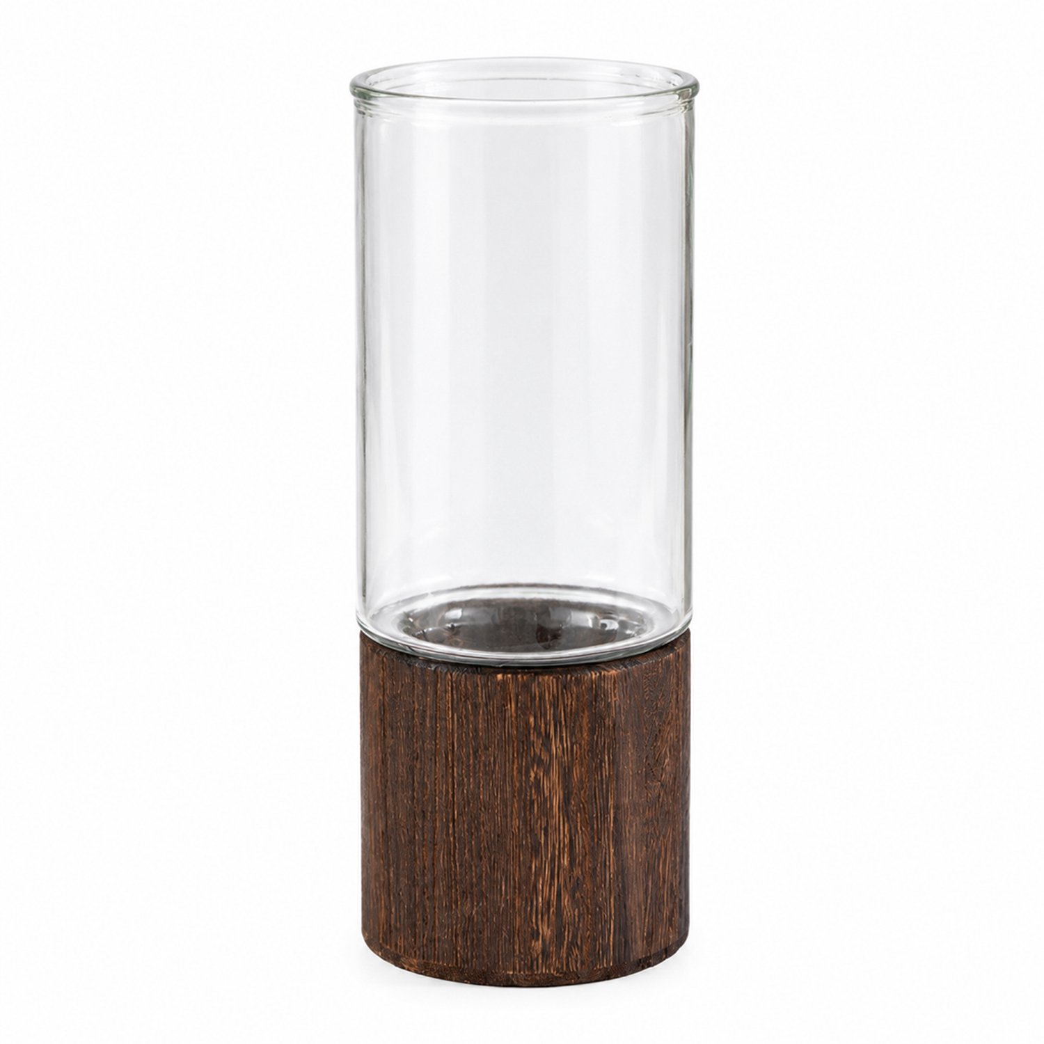 SWGOTA Transparante glazen vaas met houten voet - Glad en cilindervormig - 25 cm hoog, 10 cm breed - Voor verse bloemen