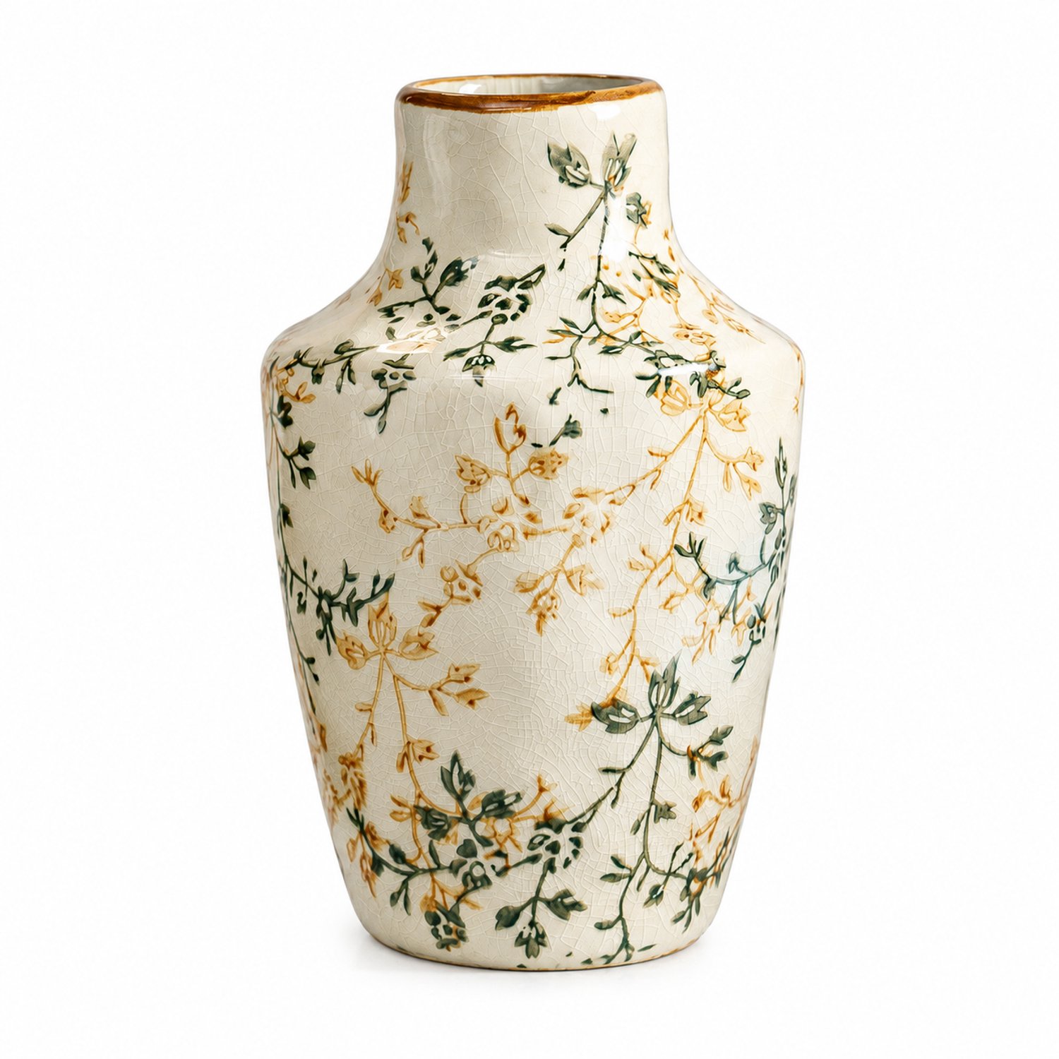 SWGOTA Keramische vaas met craquelé en bloemmotief, 20 cm hoog, 13 cm breed, smalle opening, voor kunstbloemen en interieurdecoratie Crème