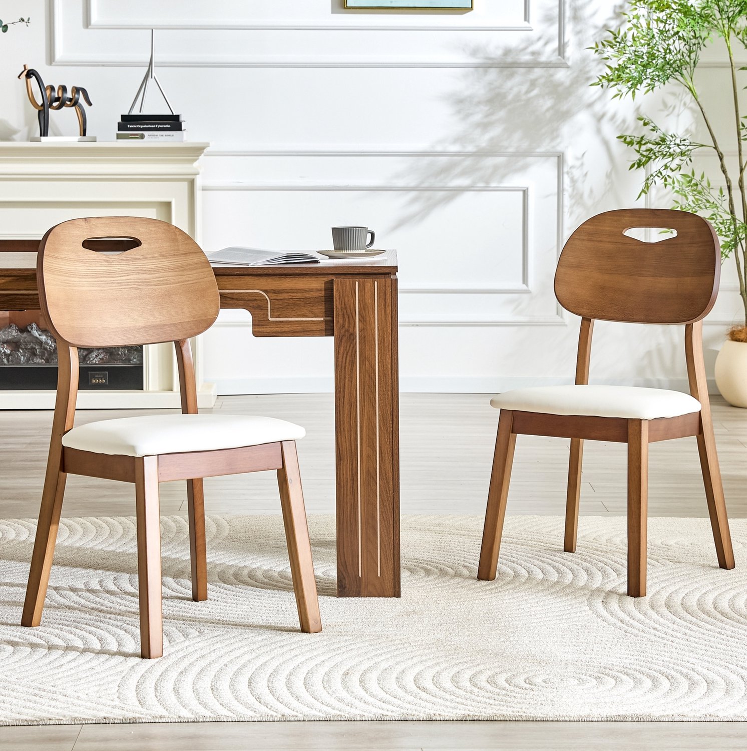 MODFU Set Van 2 Eetkamerstoelen - Ovale Rugleuning Met Handgreep - Hout - Wit En Bruin