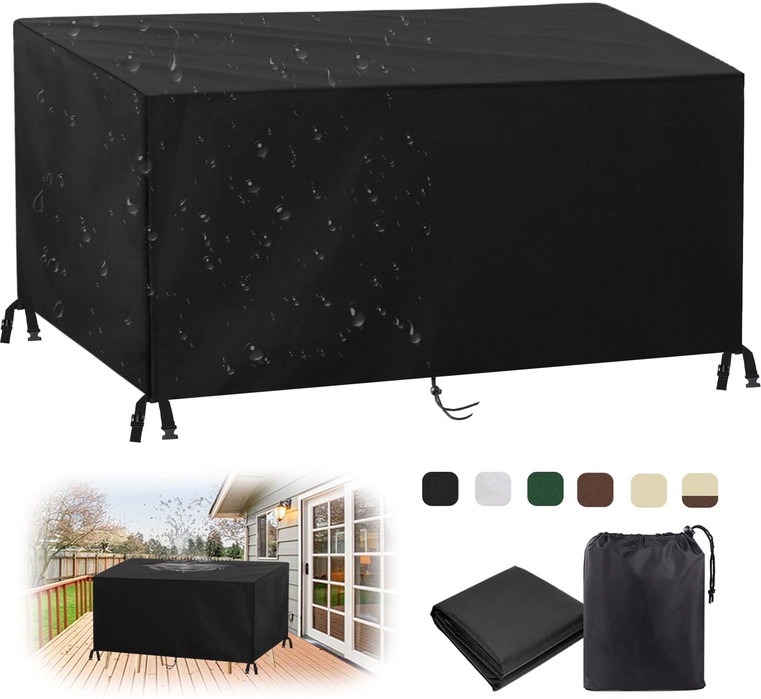 Famanu Beschermhoes voor tuinmeubelen, waterdicht en UV-bescherming, 420D Oxford, rechthoekig, zwart, 120 x 70 x 74 cm, ideaal voor buitenmeubels en bescherming tegen weer en vuil