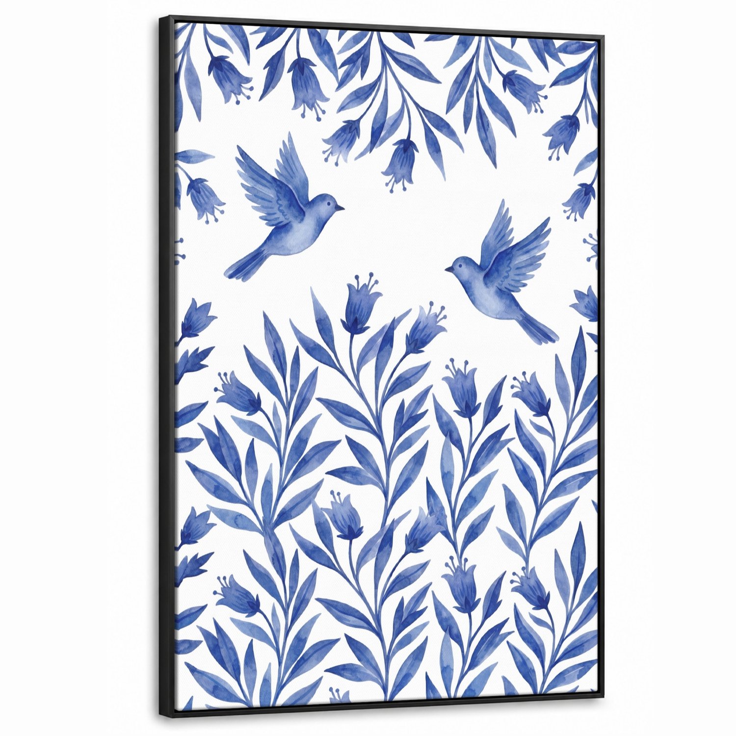 Canvas Schilderij met Baklijst XXL Canvas Schilderij met Baklijst 90x140cm - Modern - Vogels - Delfts - Blauw - Muurdecoratie woonkamer - Slaapkamer decoratie - Kamer accessoires - Schilderijen op canvas met lijst groot
