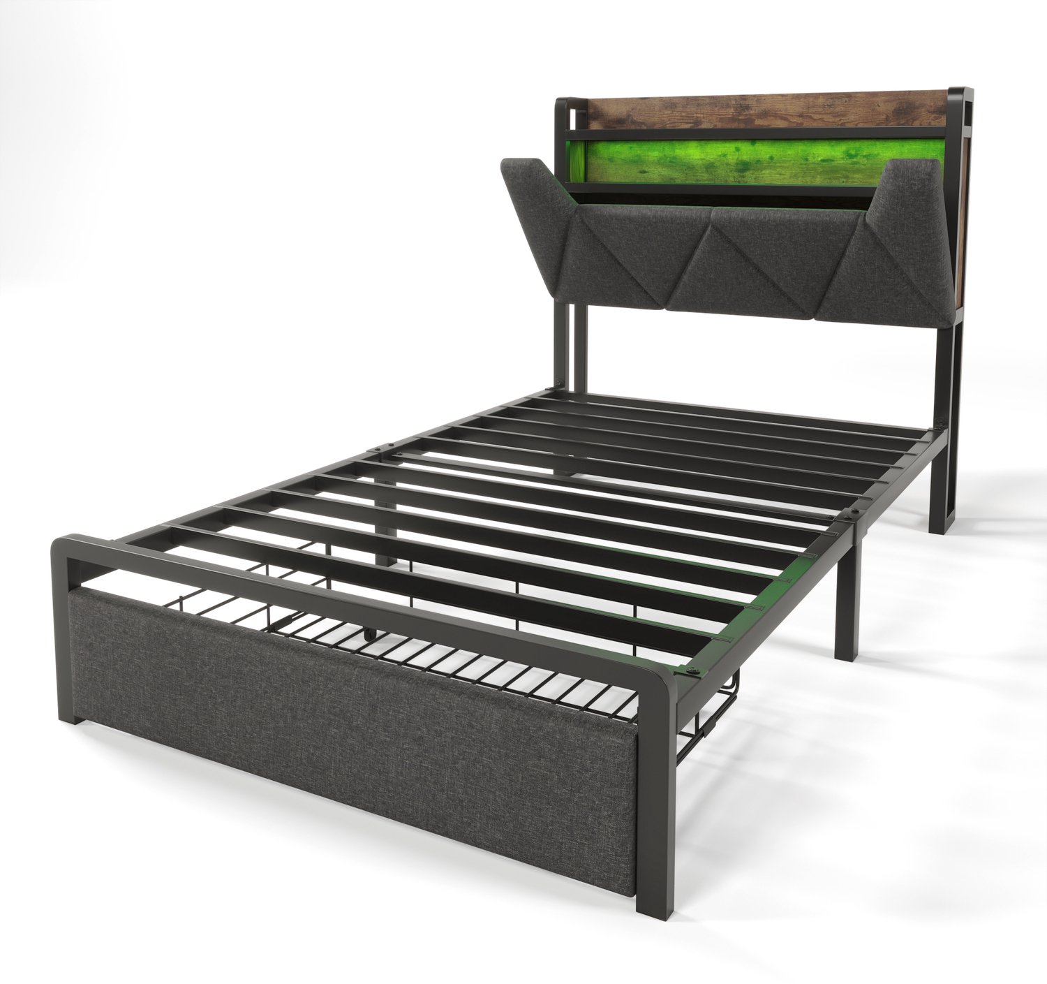 MUVANO Gestoffeerd eenpersoonsbed 90x200 met matras - Opberglade en USB-C - Hoofdbord met LED - Linnen en metalen frame - Voor slaapkamer - Grijs