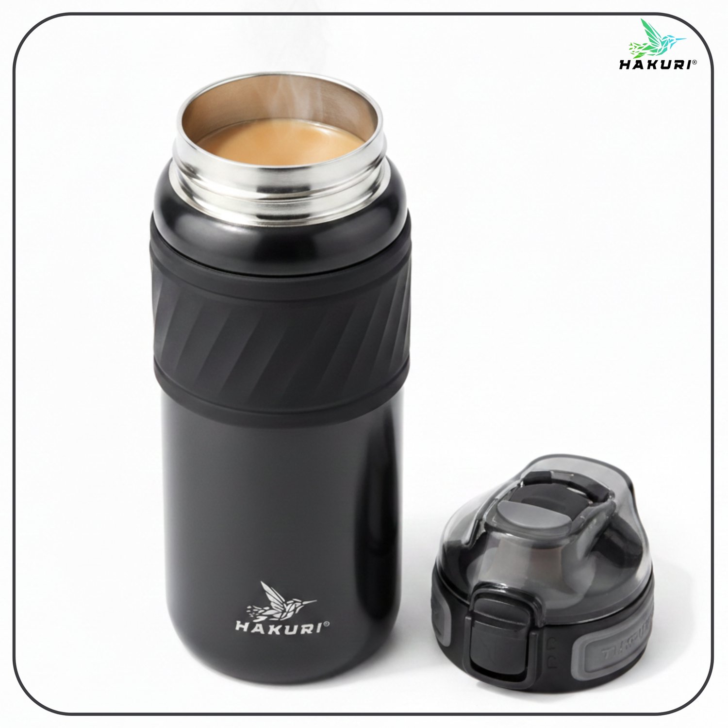 Hakuri Trekker Thermosbeker 500ml - Zwart, RVS 316, Met Tuit en Rietje