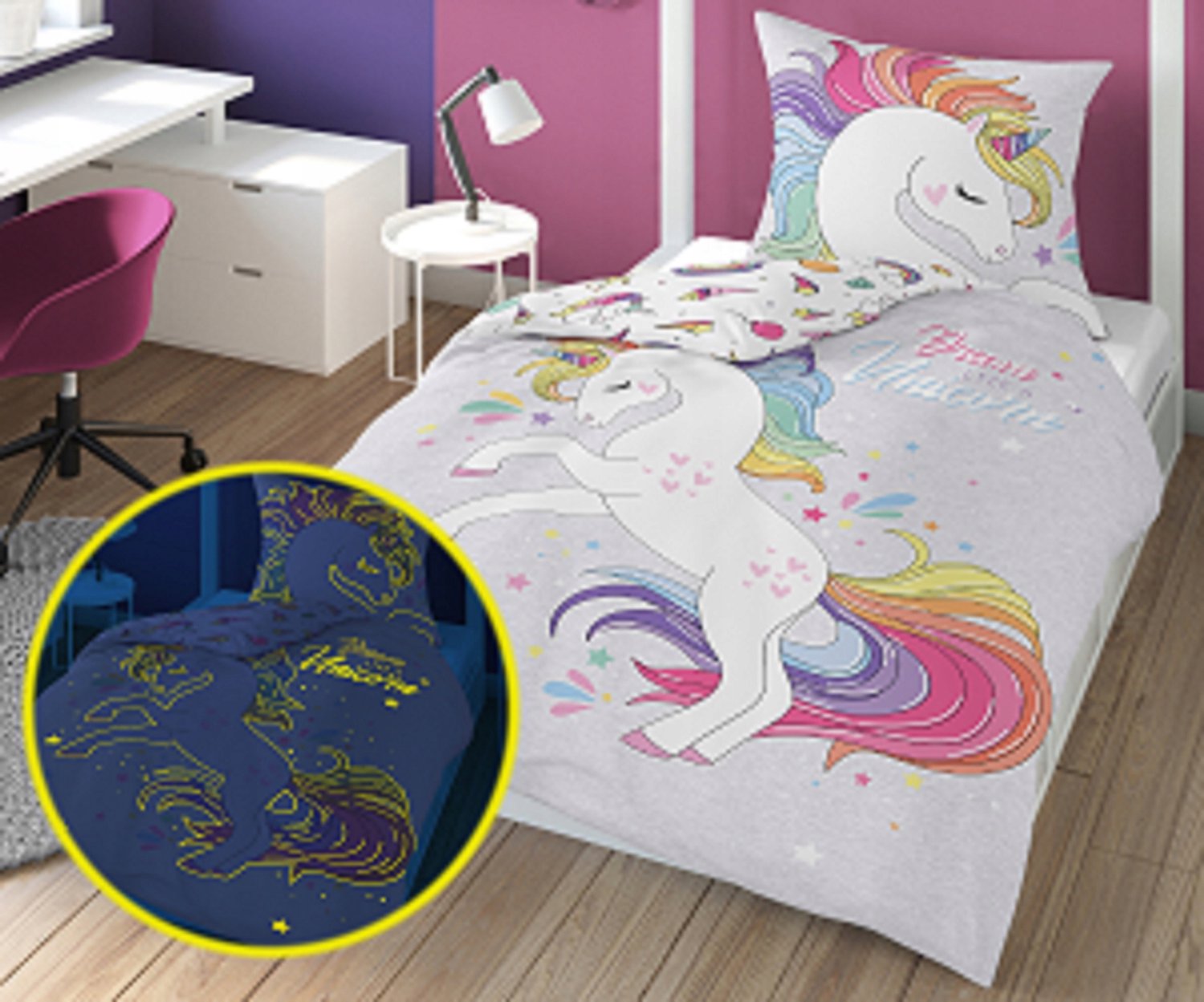 Dekbedovertrek 160x200 Eenhoorn Unicorn Katoen Lichtgevend